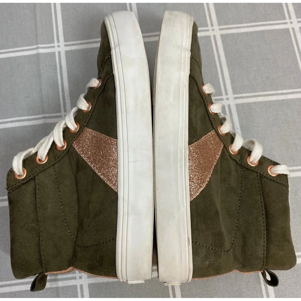 Girls Sz 12 Old Navy Olive & Rose Gold Sparkle & Eyelets Lace up Sneakers Shoes